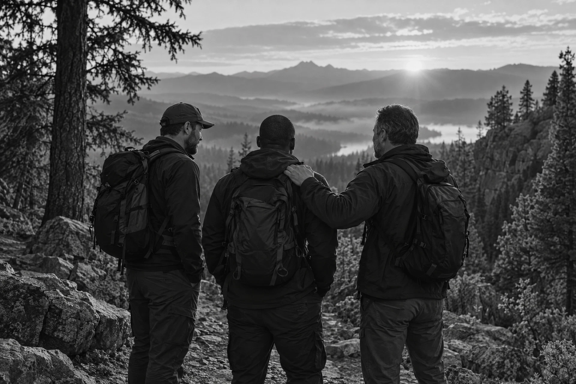 Three men supporting one another on an outdoor trail